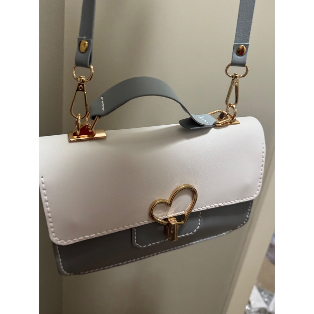 Hand Sewn Two Tone Crossbody Bag White Grey Gold Heart Twist Lock Small Satchel